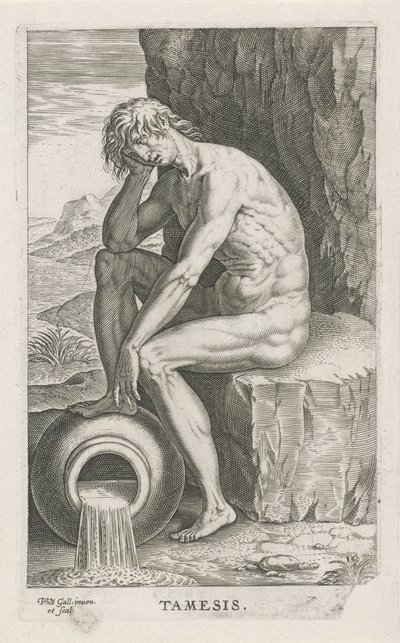 Dio del fiume Tamesis, Tamesis, Dei del fiume e del mare (titolo della serie), Semideorum Marinorum amnicorumque sigillariae imagines perelegantes (titolo della serie) da Philips Galle