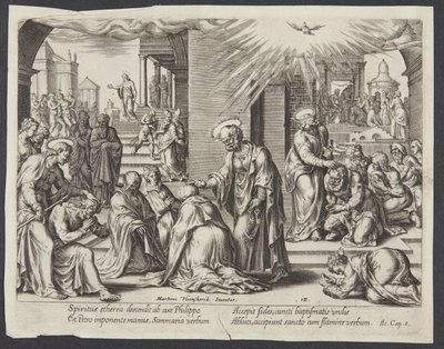 San Pietro, San Giovanni e San Filippo impongono le mani sui battezzati a Samaria da Philips Galle