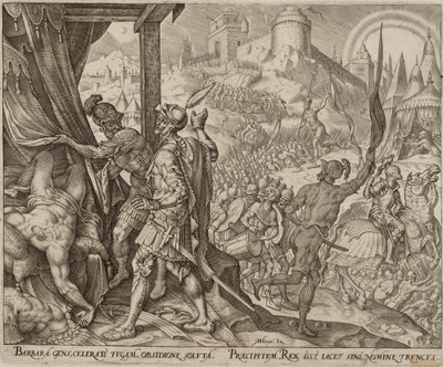 La scoperta del cadavere di Oloferne, ottava tavola da La storia di Giuditta e Oloferne da Philips Galle