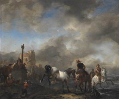 Abbeveratoio vicino a una pietra di confine da Philips Wouwerman
