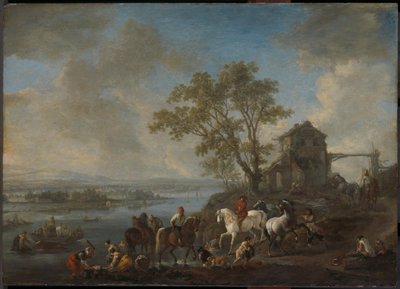 Stagno per cavalli su un fiume da Philips Wouwerman