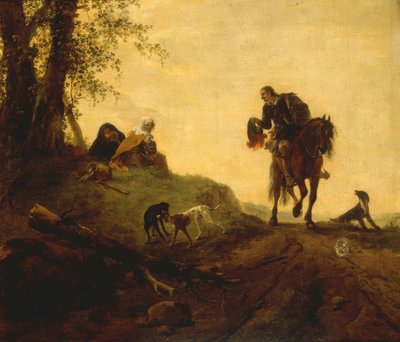 Paesaggio con cavaliere e due persone sedute sul ciglio della strada da Philips Wouwerman