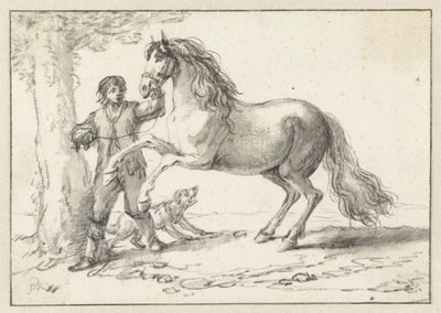 Giovane uomo che tiene un cavallo impennato per le briglie, spaventato da un cane che abbaia da Philips Wouwerman