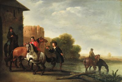 Cavalieri che abbeverano i loro cavalli da Philips Wouwermans or Wouvermans