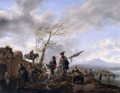 Un ampio paesaggio fluviale con soldati e un portabandiera che abbeverano i loro cavalli da Philips Wouwerman