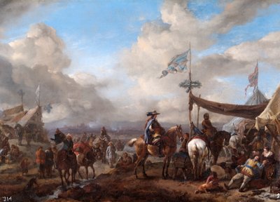Scena di campo con trombettiere e bottega del maniscalco da Philips Wouwermans or Wouwerman
