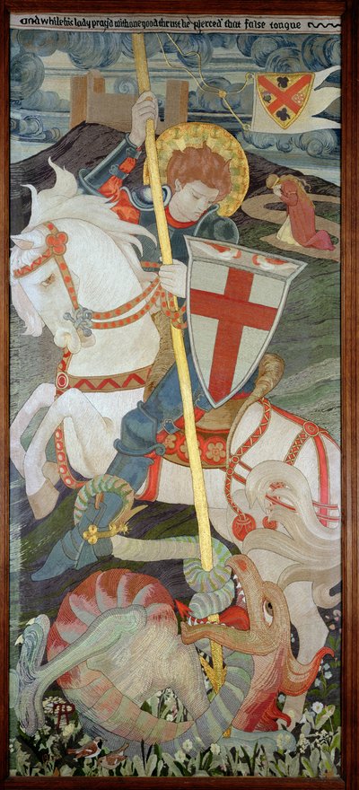 San Giorgio che uccide il drago, con Una che prega sullo sfondo, 1904 (ricamo) da Phoebe Anna Traquair