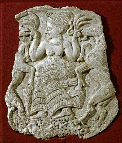 Arte fenicia: coperchio di pisside scolpito in avorio, rappresentante una dea della fertilità micenea che nutre capre. Intorno al 1250 a.C. Da Twink El Beida. Parigi, Museo del Louvre da Phoenician