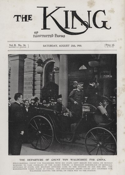 Il feldmaresciallo tedesco Alfred von Waldersee parte da Berlino per comandare la forza di spedizione internazionale contro i Boxer in Cina, agosto 1900 da Photographer German