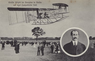 Orville Wright vola con il suo aeroplano sopra il campo d