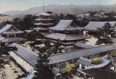 Giappone, c.1912: Horyu-ji, il più antico tempio buddista in Giappone, costruito circa 1300 anni fa, Yamato da Photographer Japanese