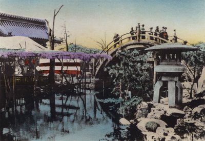 Giappone, c.1912: Terreno del Tempio di Kameido noto per i fiori di glicine a maggio e il Ponte del Tamburo da Photographer Japanese
