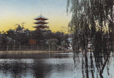 Giappone, c.1912: Vista della Pagoda a Nara dal Lago Sarusawa da Photographer Japanese