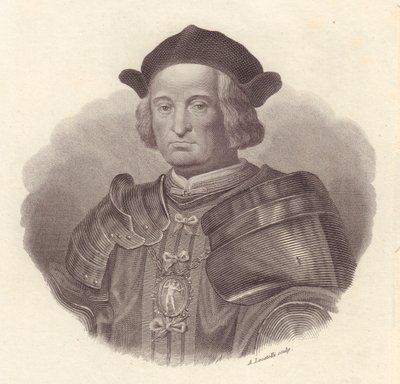Ritratto del leader militare e politico italiano Gian Giacomo Trivulzio (1440-1518), incisione in rame di Locatelli da Blaise Nicolas Le Sueur