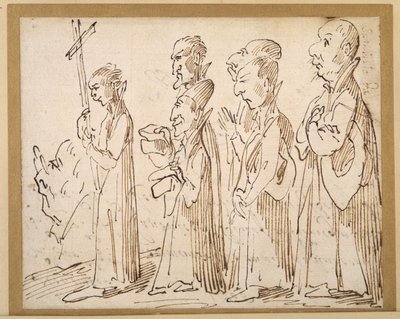 Una processione gesuita, caricaturata con un crocifero e altri cinque che seguono; il profilo di un uomo con occhiali a sinistra; e a destra una linea verticale di scrittura da Pier Leone Ghezzi