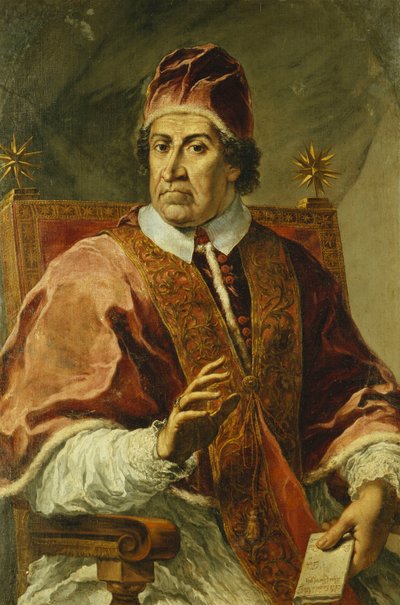 Ritratto di Papa Clemente XI, seduto a mezzo busto, con abiti papali, che tiene una lettera da Pier Leone Ghezzi