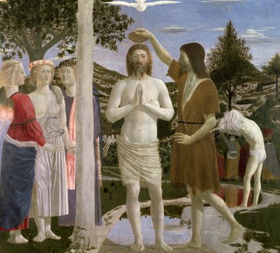 Battesimo di Cristo (dettaglio di Cristo, Giovanni Battista e angeli) da Piero della Francesca