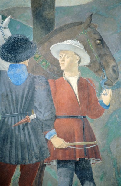 (dettaglio) La Leggenda della Vera Croce: adorazione del legno e incontro della Regina di Saba e Re Salomone da Piero della Francesca