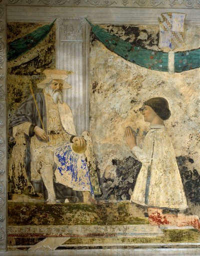 Ritratto di Sigismondo Pandolfo Malatesta (1417-1468) in preghiera davanti a San Sigismondo (Sigismondo). Affresco di Pietro di Benedetto dei Franceschi detto Piero della Francesca (1422-1492) da Piero della Francesca