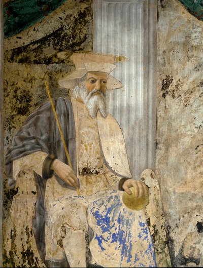 Ritratto di Sigismondo Pandolfo Malatesta (1417-1468) in preghiera davanti a San Sigismondo (Sigismondo). Dettaglio del santo. Affresco di Pietro di Benedetto dei Franceschi detto Piero della Francesca (1422-1492) da Piero della Francesca