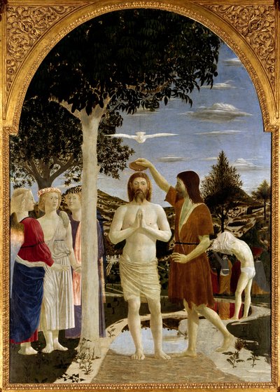 Il battesimo di Cristo Giovanni Battista battezza Gesù mentre un altro uomo dietro di lui si prepara anche per il battesimo. Lo Spirito Santo sopra Cristo in forma di colomba e i discepoli a sinistra che osservano la scena. Affresco di Piero della Francesc da Piero della Francesca