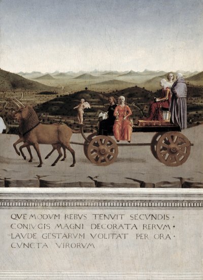 Trionfo di Battista Sforza, Duchessa di Urbino. Battista e la sua ancella, due Virtù Teologali e una suora sono trainate in un carro trionfale da due unicorni marroni, dopo il 1472 (tempera su tavola) (dettaglio) da Piero della Francesca