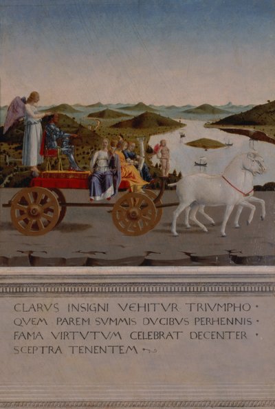 Trionfo di Federico da Montefeltro, Duca di Urbino; Federico e le quattro Virtù Cardinali in un carro trionfale trainato da unicorni bianchi, Vittoria alata che tiene la corona ducale, dipinto dopo il 1474 (pannello) da Piero della Francesca