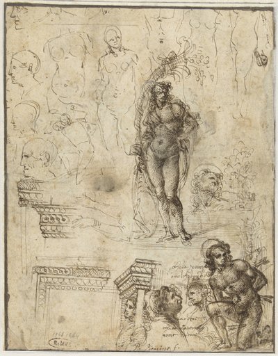 Foglio di studio con teste, figure e frammenti architettonici da Piero di Cosimo (attributed to)
