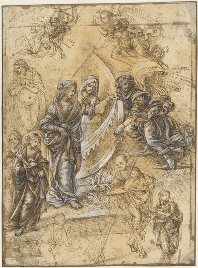 Foglio di studio con la Vergine Maria, Santi, Angeli e Figure dall