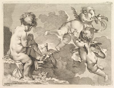 Tre amori, uno dei quali è seduto, tenendo una faretra da Pierre Alexandre Aveline