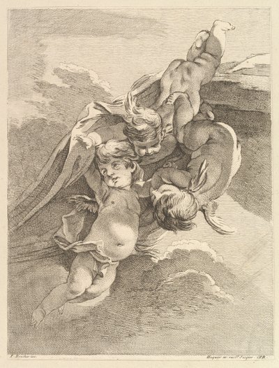 Tre amori che sostengono un drappo, dal Premier Livre de Grotesques da Pierre Alexandre Aveline