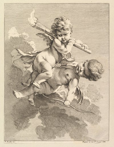 Due cupidi, uno con una torcia, l
