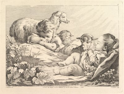 Due Bambini Addormentati con Tre Pecore, XVIII secolo da Pierre Alexandre Aveline