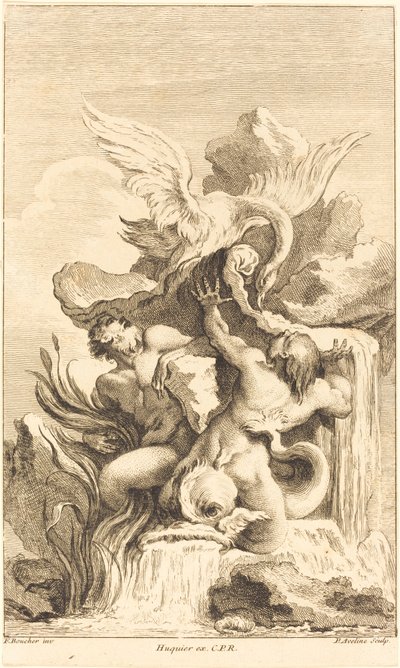 Due tritoni e un cigno, nel o dopo il 1736 da Pierre Alexandre Aveline