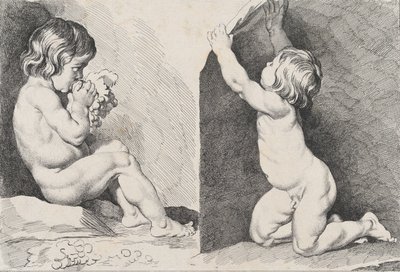 Due bambini nudi che mangiano uva, dal Nuovo Libro dei Bambini da Pierre Alexandre Aveline