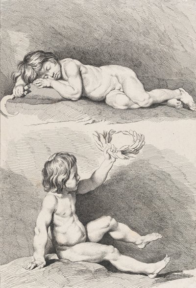 Due bambini nudi, uno che dorme e l