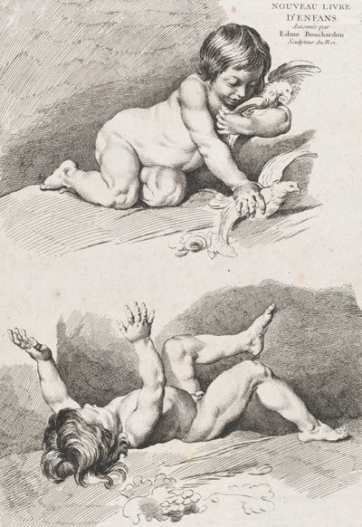 Due bambini nudi che giocano con una foglia, dal Nuovo Libro dei Bambini, 1720-60 da Pierre Alexandre Aveline