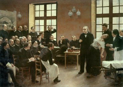 Una lezione clinica del Dr. Charcot alla Salpêtrière nel 1887. Studenti del dipartimento del Professor Jean Martin Charcot (1825-1893) che spiega il caso di Blanche Wittman, la sua paziente e cavia preferita per le sue ricerche sull
