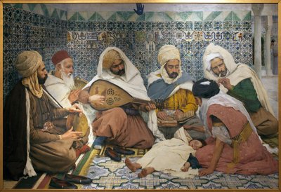 Esorcismo: musicisti arabi che scacciano i jinn dal corpo di un bambino. da Pierre Andre Brouillet