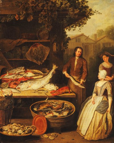 Un pescivendolo che mostra un luccio a una cameriera da Pierre Angelis or Angillis