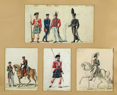 Le uniformi dei soldati scozzesi e degli ufficiali prussiani, inglesi, hannoveriani e russi nel 1814 da Pierre Antoine Lesueur
