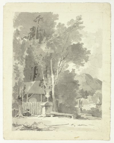 Urna classica davanti a un capanno, con tempio e montagna sullo sfondo da Pierre Antoine Mongin