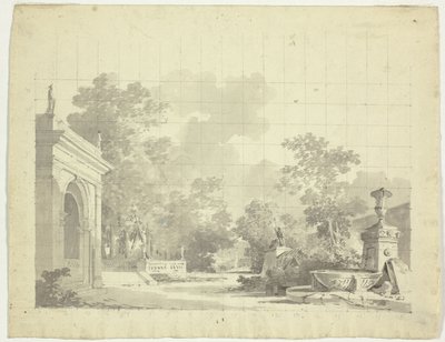 Veduta del parco di Versailles: Entrata ad arco di una terrazza, urne e statue rovinate da Pierre Antoine Mongin