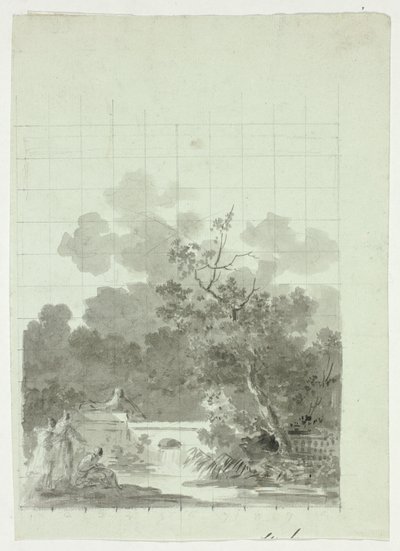 Vista del parco di Versailles: Pesca in uno stagno vicino a un boschetto di alberi da Pierre Antoine Mongin