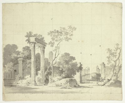 Veduta del parco di Versailles: Colonne in rovina e una porta di ferro aperta da Pierre Antoine Mongin