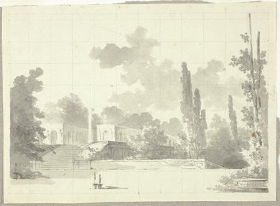 Veduta del parco di Versailles: Scala di accesso alla terrazza con tempio e colonna da Pierre Antoine Mongin