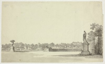 Veduta del parco di Versailles: Terrazza con urna, sfinge e statua femminile da Pierre Antoine Mongin