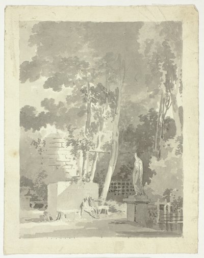Veduta del parco di Versailles: Due figure su una panchina in una radura, statua femminile nelle vicinanze da Pierre Antoine Mongin