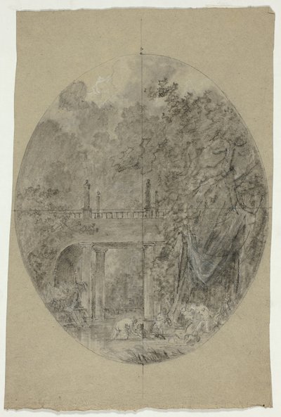 Veduta del parco di Versailles: Donne che fanno il bagno sotto un ponte da Pierre Antoine Mongin