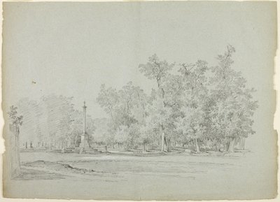 Veduta del parco di Versailles: Paesaggio con colonna commemorativa e boschetto di alberi da Pierre Antoine Mongin